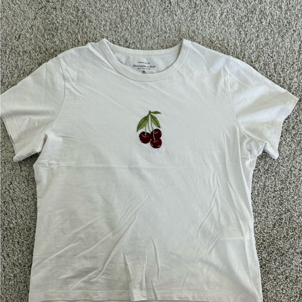White T-Shirt with Cherry Embroidery